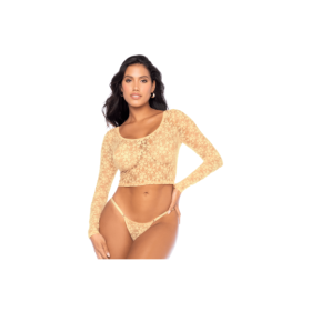 Ensemble 2 pièces en dentelle jaune pastel, crop top et string 